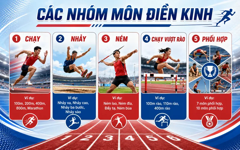 Điền kinh gồm nhiều nhóm nội dung như chạy, nhảy, ném, chạy vượt chướng ngại và các môn phối hợp.
